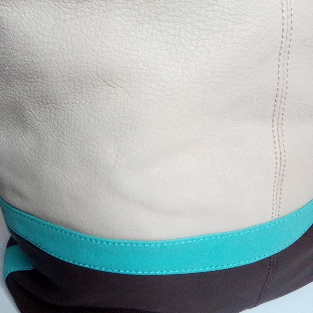 Kenneth Cole Women's Cream, Brown & Teal Hobo Handbag, Preowned, Genuine Leather